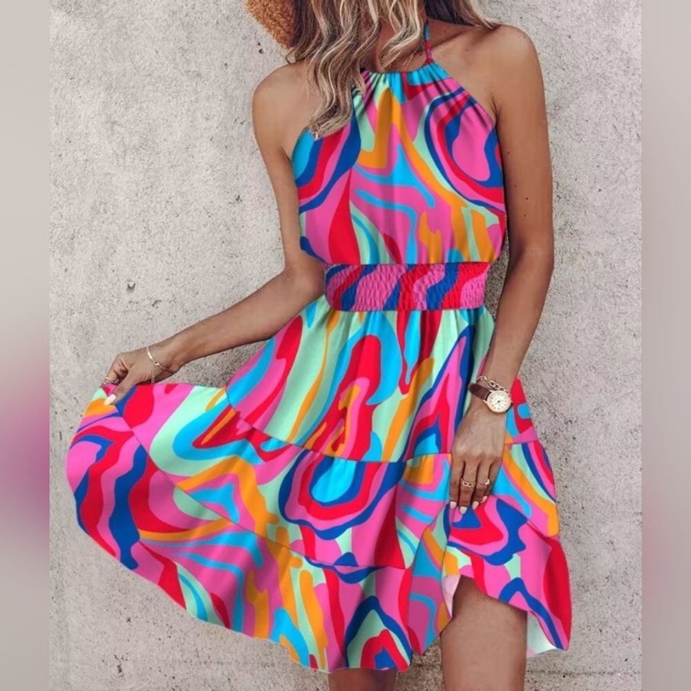 Vibrant Abstract Halter Neck Cinched Waist Mini Dress Sz S M L XL 1X